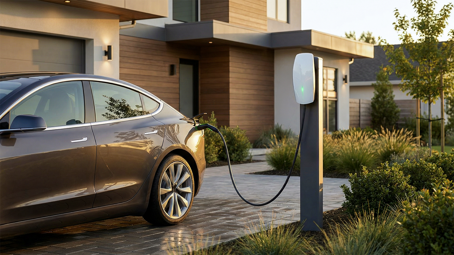 Electric vehicle plugged into a Level 2 home EV charger installed in a residential driveway