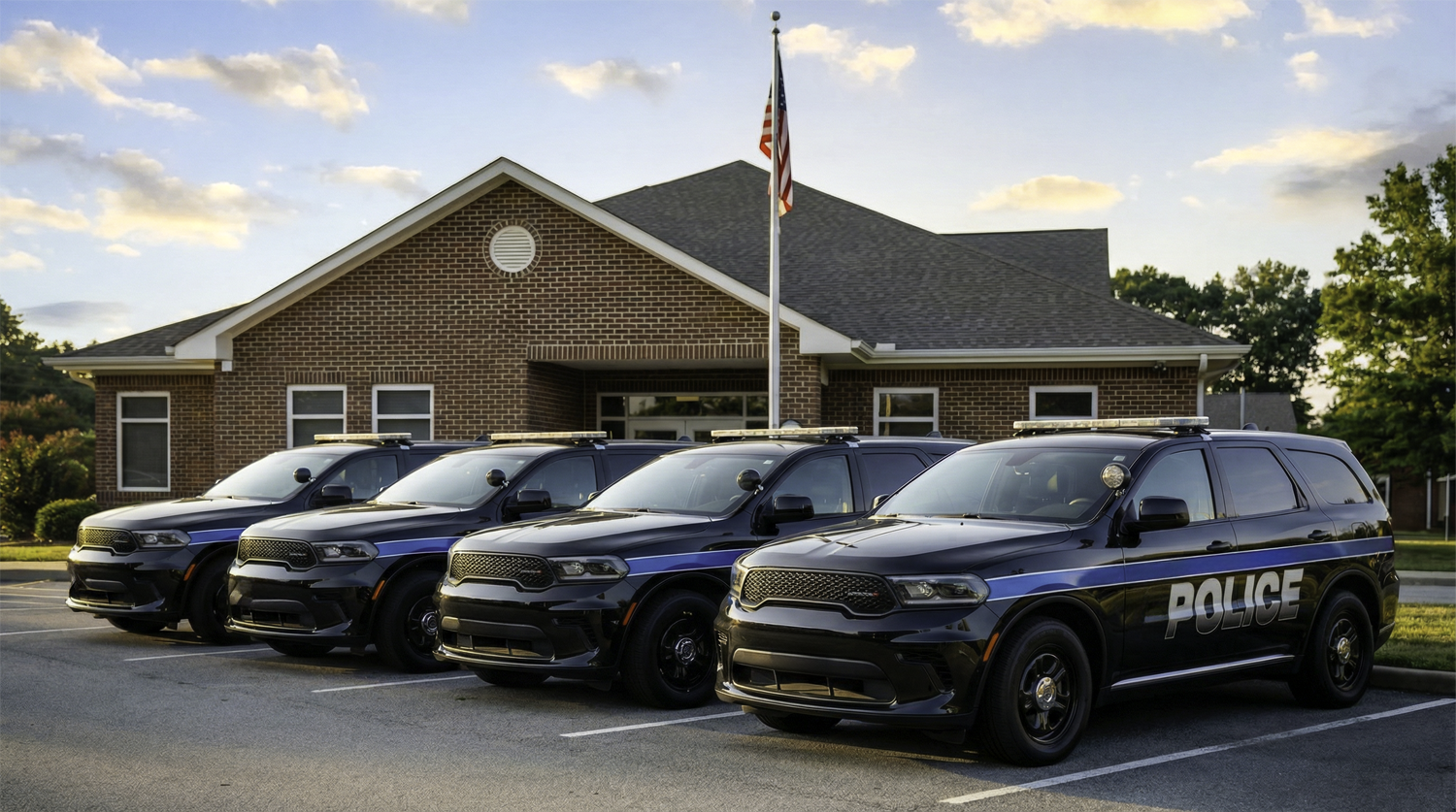 A municipal police vehicle fleet parked outside a police department, representing the need for GPS fleet tracking for police departments
