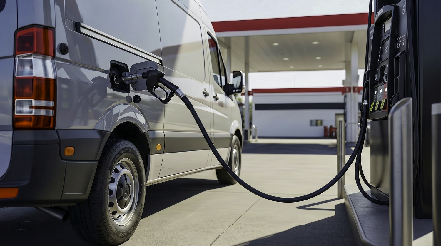 Commercial fleet van refueling at gas station highlighting fleet GPS tracking fuel cost savings