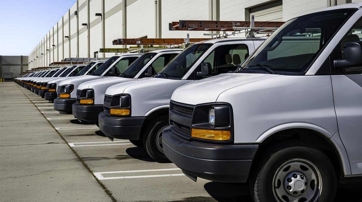 Row of white commercial fleet vans parked outside a warehouse facility