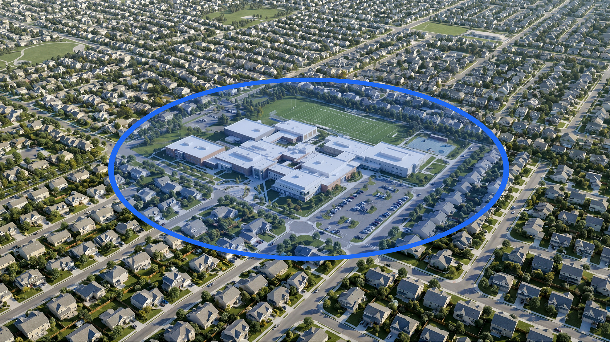 Aerial view of a school campus in a suburban neighborhood with a blue geofencing circle overlay illustrating a Bouncie Geo-Zone boundary