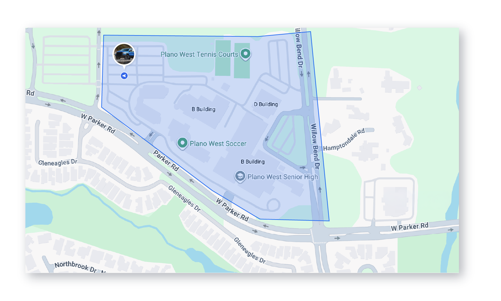 Bouncie app map showing a Geo-Zone boundary drawn around Plano West Senior High School with a tracked vehicle inside the geofenced area