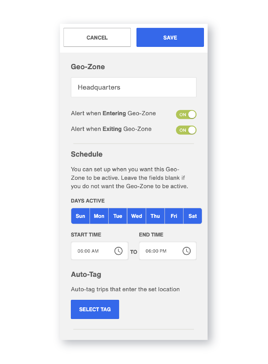 Bouncie app Geo-Zone setup screen showing entry and exit alert toggles, active schedule days, and auto-tag options for a location named Headquarters