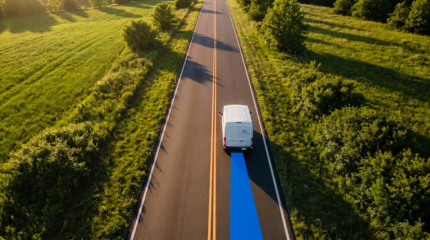 Aerial view of a fleet work van being tracked in real time with a blue GPS route line on a two-lane road through green fields