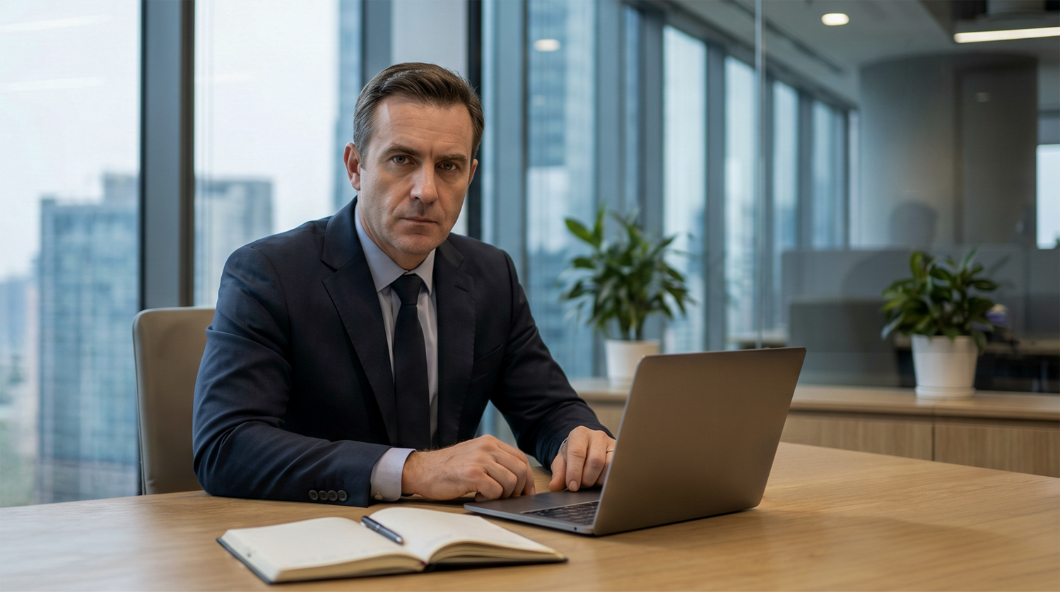 Fleet manager reviewing GPS vehicle tracking policy on a laptop in a corporate office setting