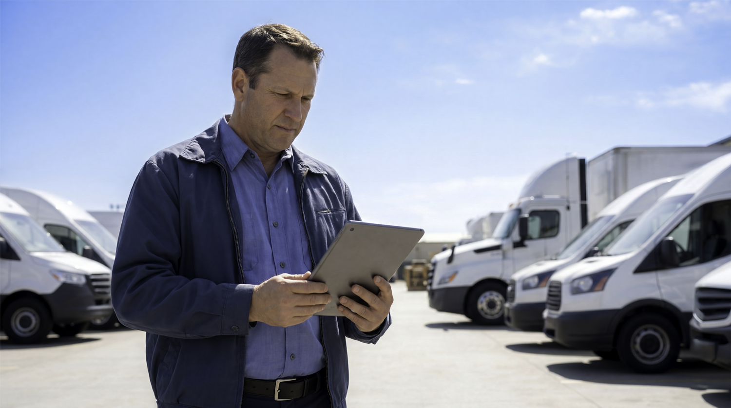 Fleet manager using a tablet to monitor a fleet tracking system with commercial vans and trucks in the background