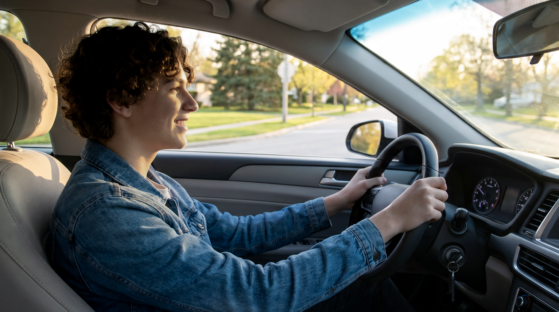 Teen driver smiling while driving through a residential neighborhood, representing the best app for teen drivers and parent peace of mind