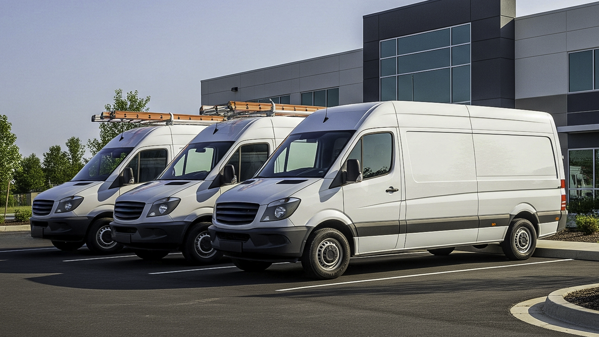 Three white service vans parked outside a commercial building representing a small business fleet ready for GPS fleet tracking
