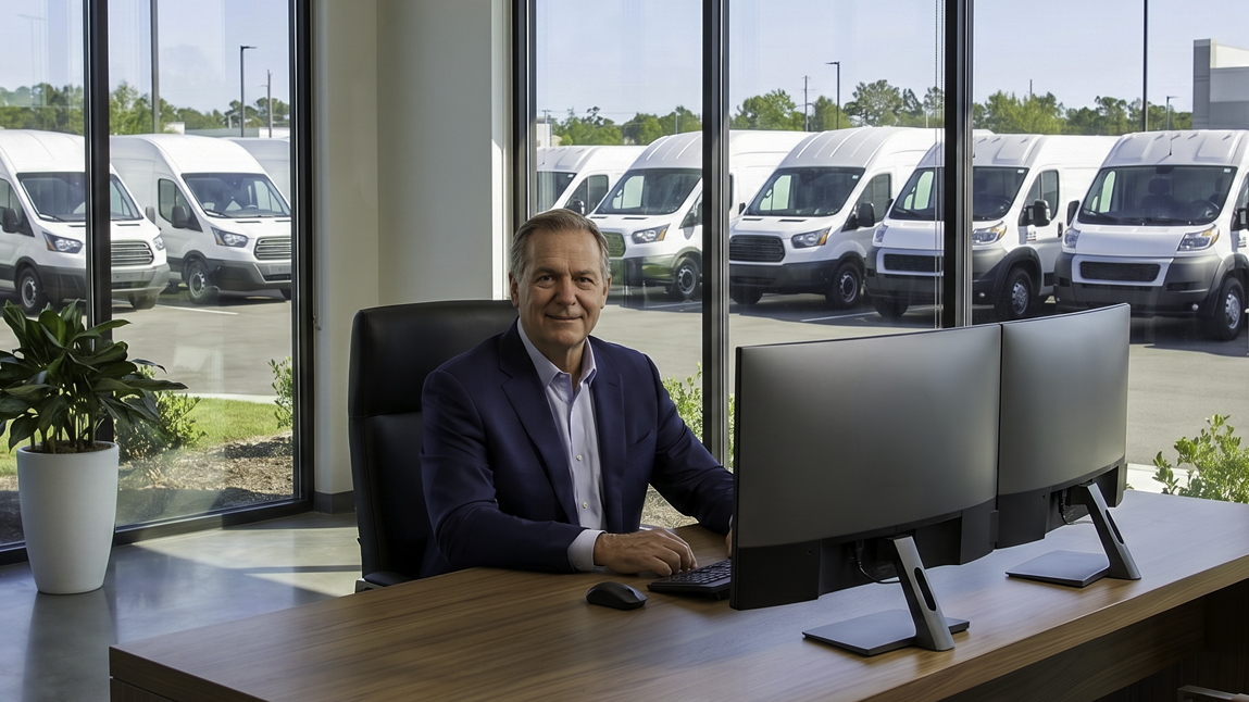 Fleet manager at a desk with dual monitors overseeing a commercial van fleet through an office window