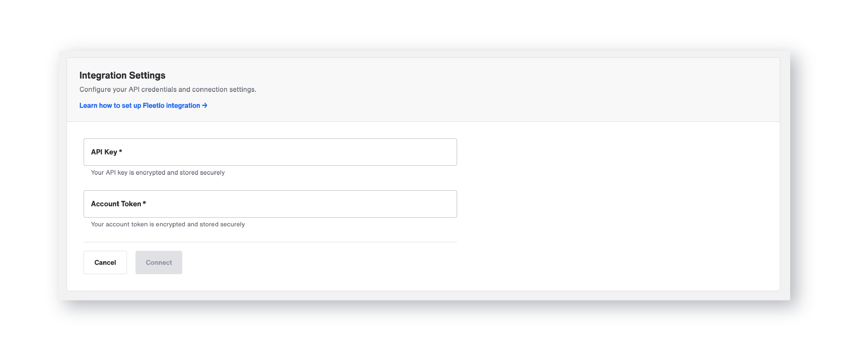 Bouncie Fleetio Integration Settings panel showing API Key and Account Token fields required to connect the two platforms