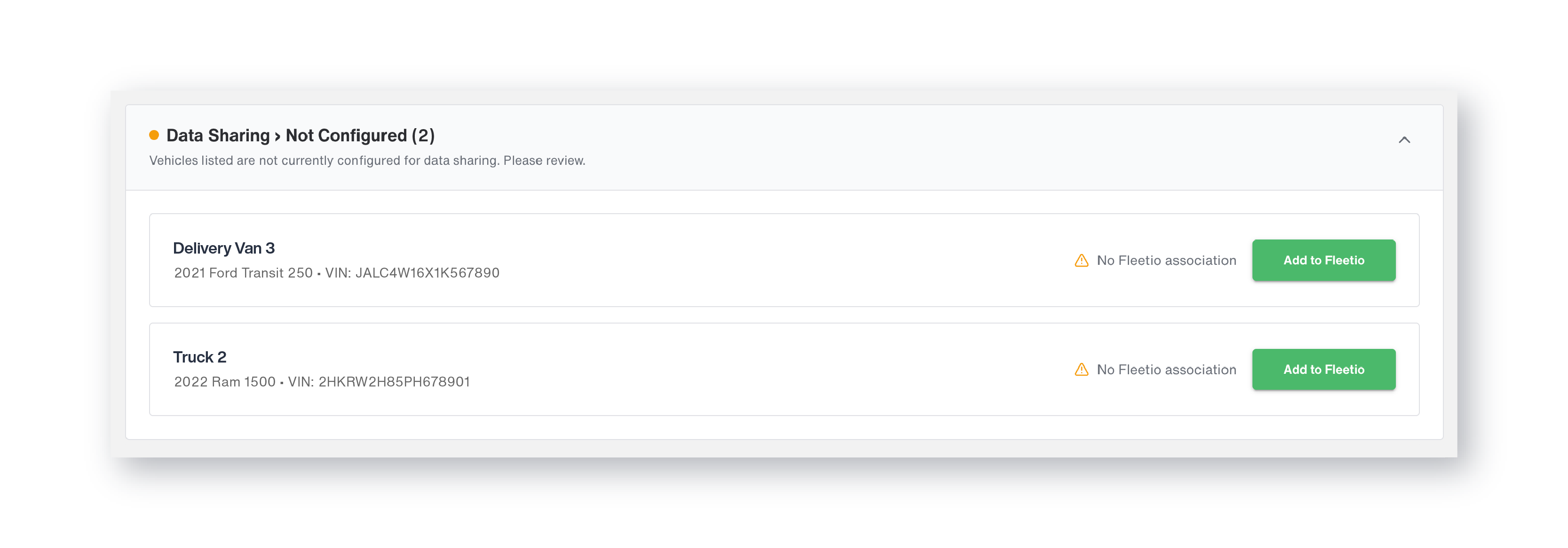 Bouncie Fleetio integration Data Sharing Not Configured view showing vehicles without a Fleetio association and the Add to Fleetio option