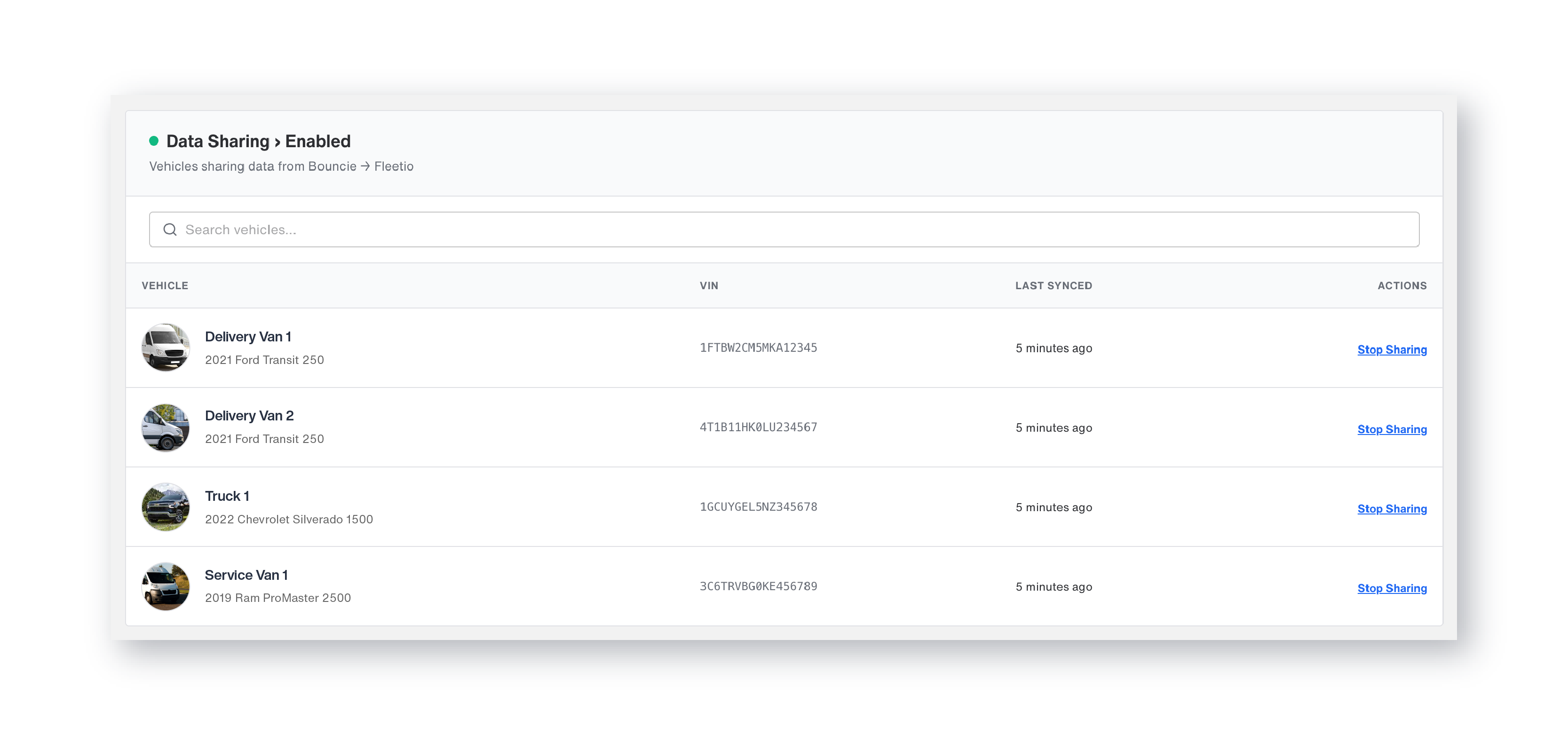 Bouncie Fleetio integration Data Sharing Enabled view showing connected fleet vehicles with VIN numbers and last synced status