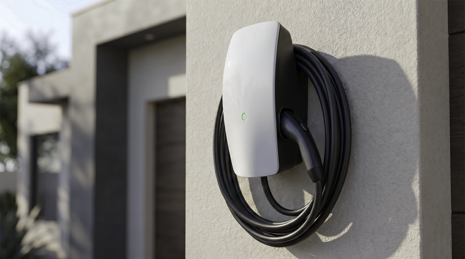 Level 2 EV charger mounted on exterior wall of a modern home with charging cable coiled