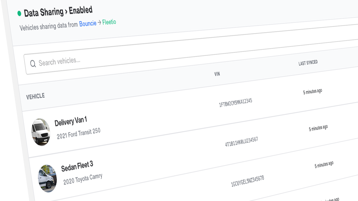 Bouncie and Fleetio integration showing fleet vehicle data syncing in real time from Bouncie to Fleetio