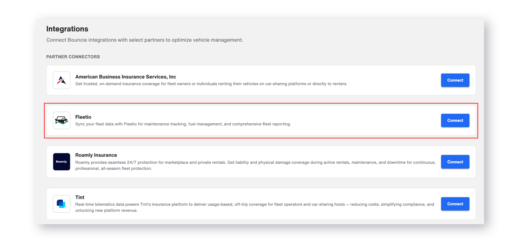 Bouncie Integrations page showing the Fleetio partner connector with the option to connect and sync fleet data for maintenance tracking and reporting
