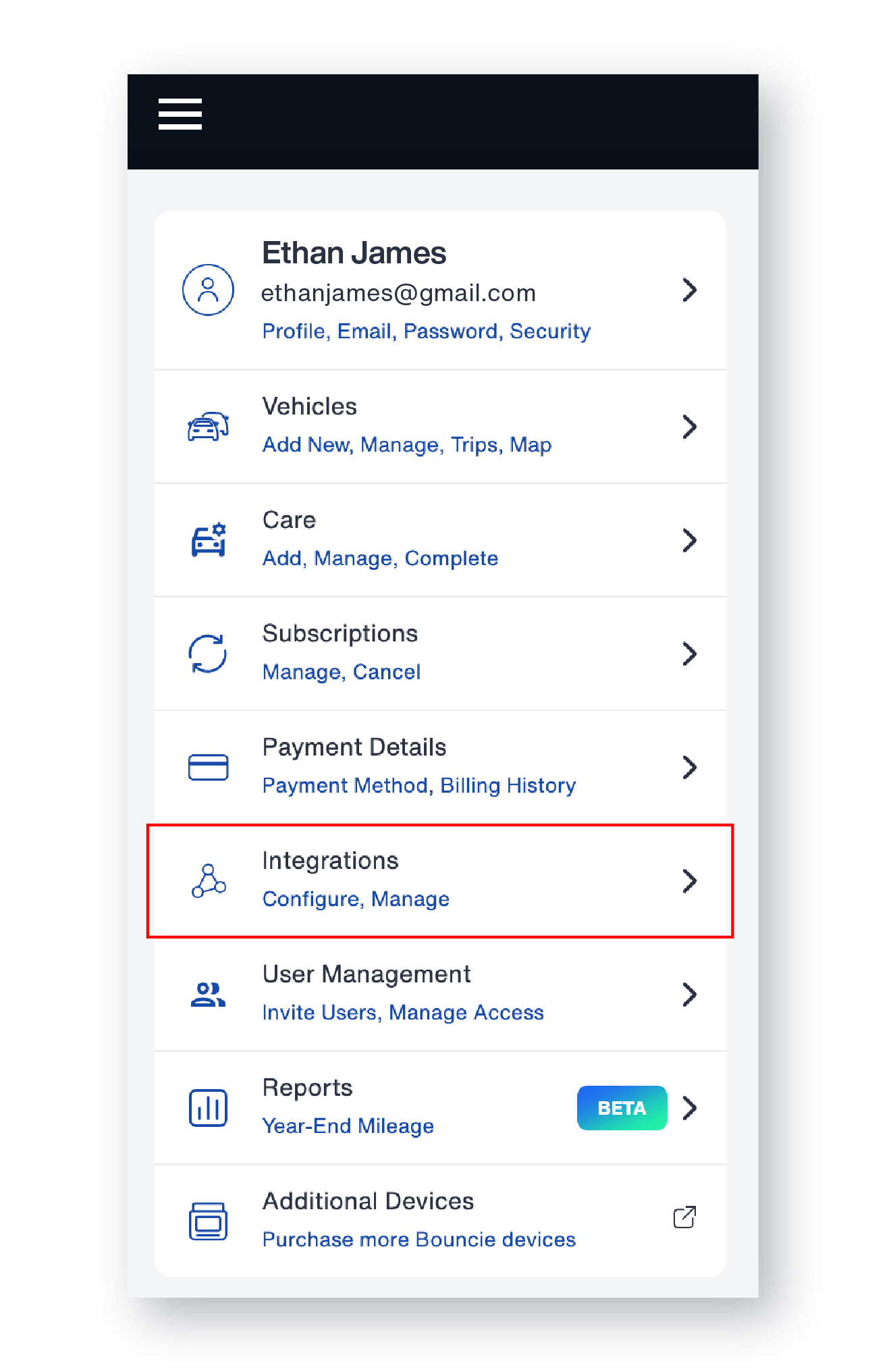 Bouncie app sidebar navigation menu with Integrations option highlighted for accessing the Fleetio integration setup