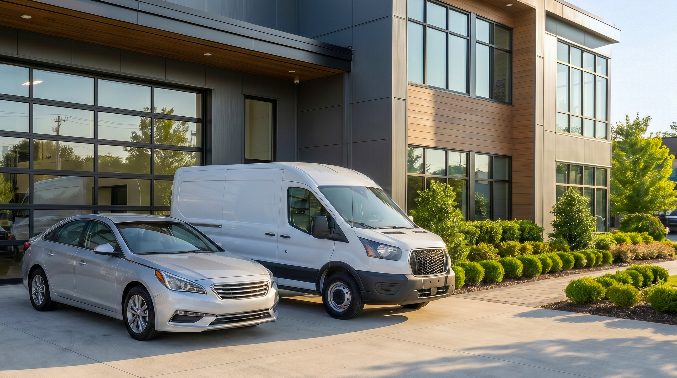 A sedan and a commercial van parked outside a modern building, representing digital garage solutions for personal vehicle owners and fleet operators