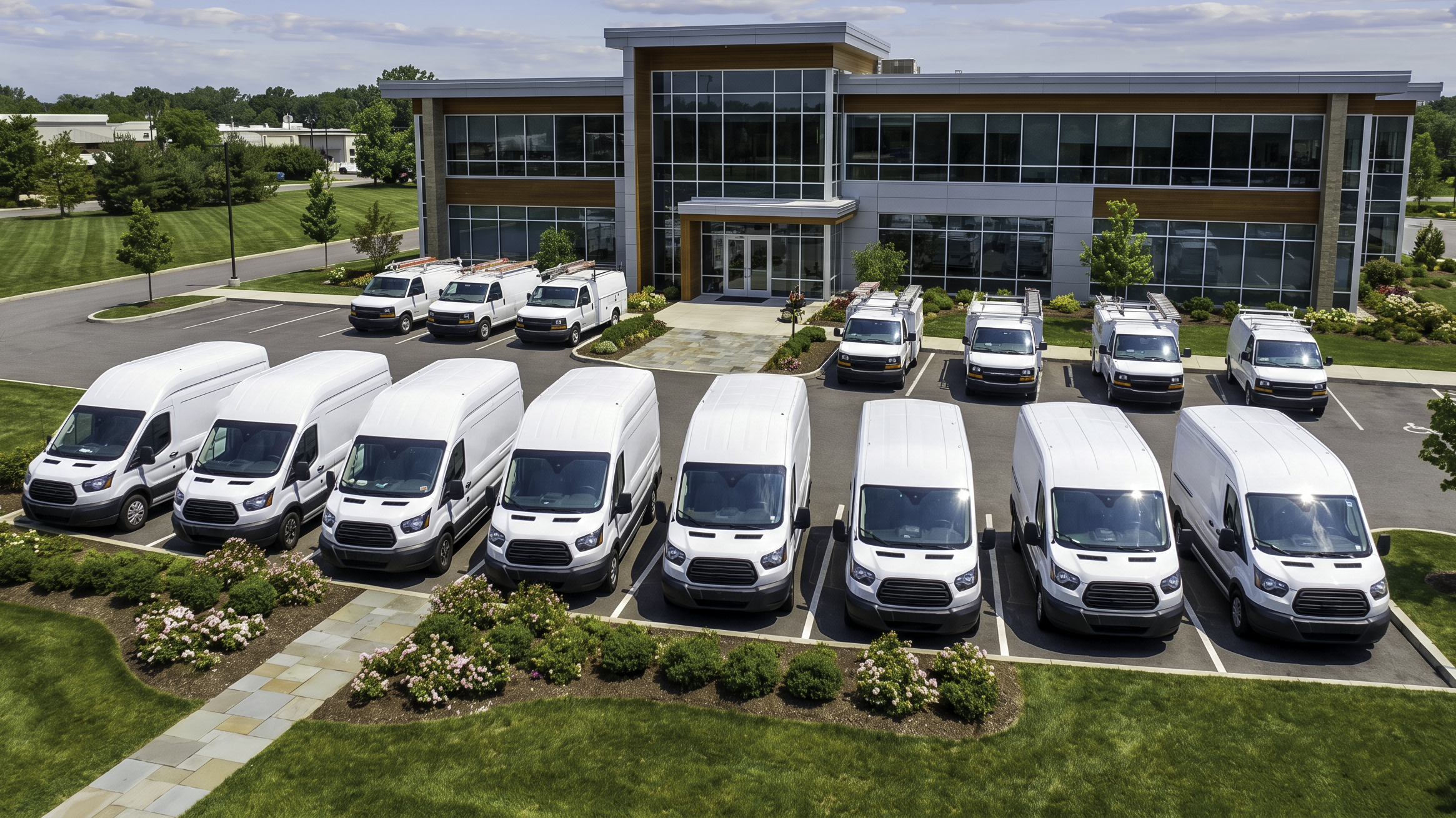 Company fleet of white work vans parked outside a modern office building, monitored with fleet GPS tracking