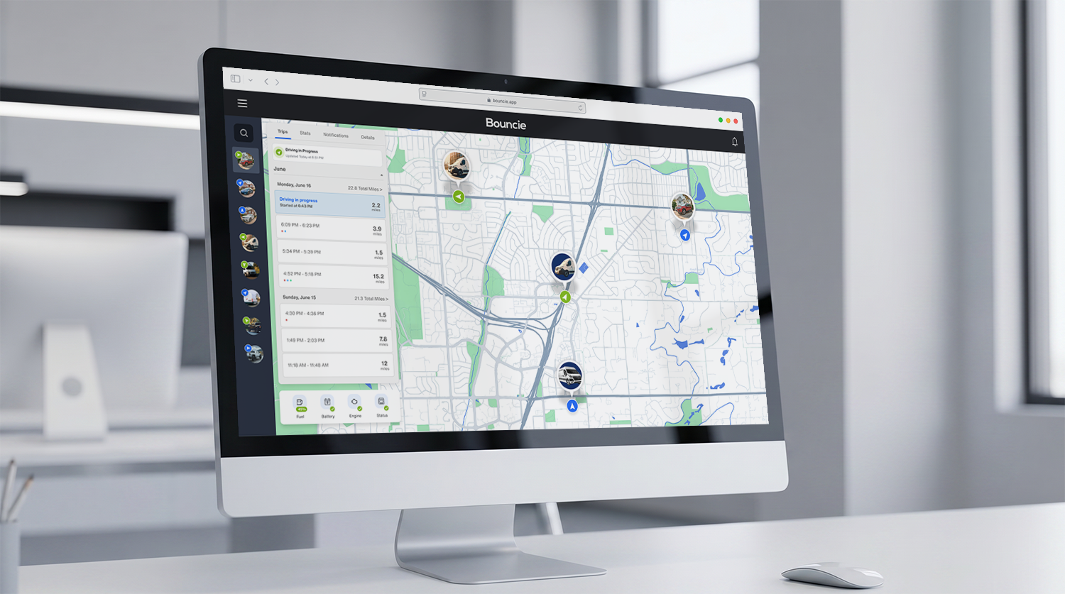 Bouncie dashboard showing the evolution of vehicle telematics with live fleet map, trip history, and vehicle health data