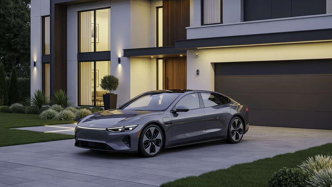 Modern car parked outside a smart home at dusk, reflecting GPS tracking as part of smart living