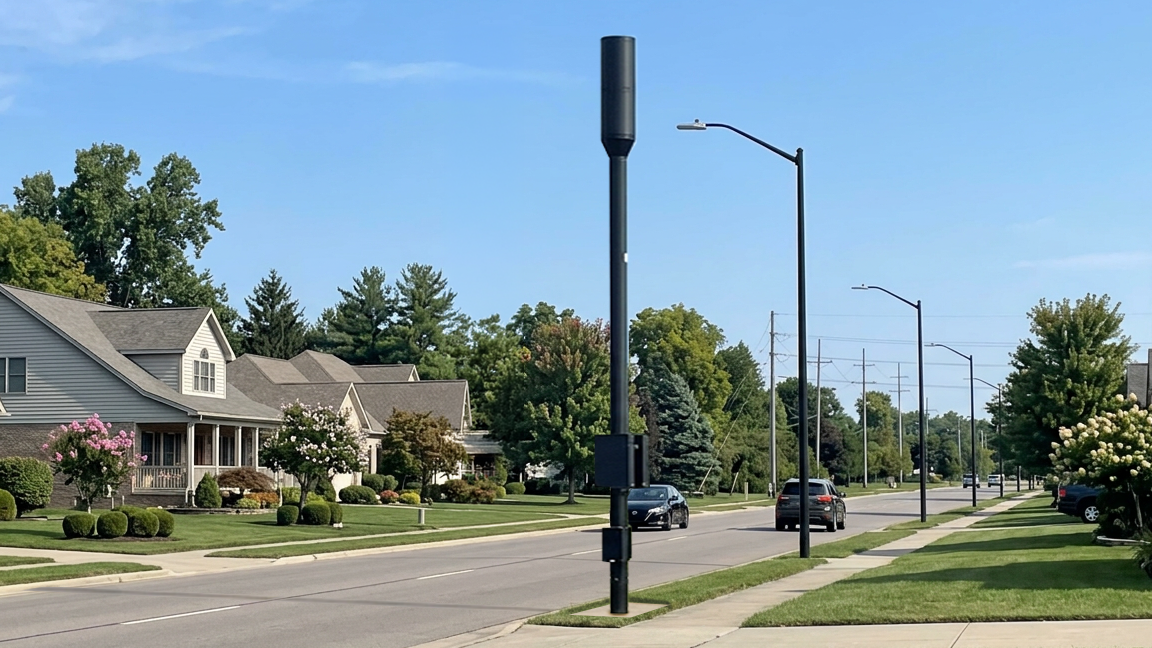 5G small-cell monopole along a suburban street, an example of the shorter-range coverage 5G provides for cell networks