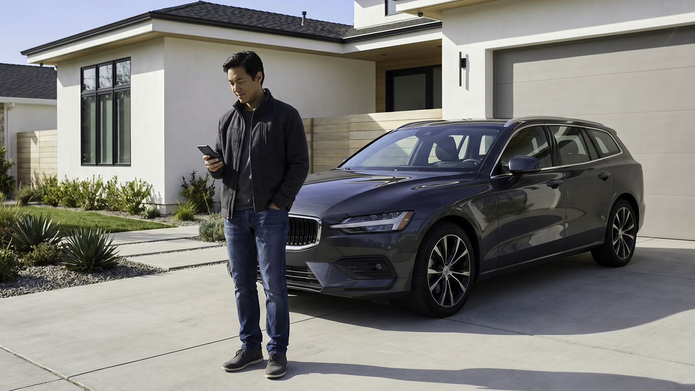 Man using a car tracker app on his phone beside his parked car in the driveway