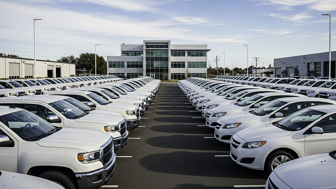 Rows of white company fleet vehicles parked outside a business office, representing vehicle fleet management for growing businesses