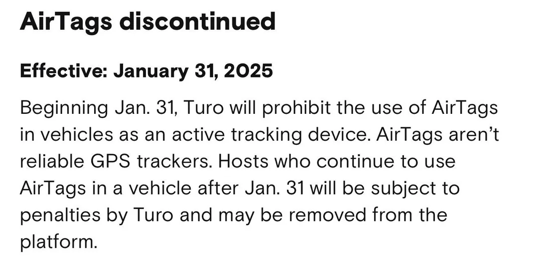 Turo host policy notice stating AirTags are discontinued as of January 31, 2025