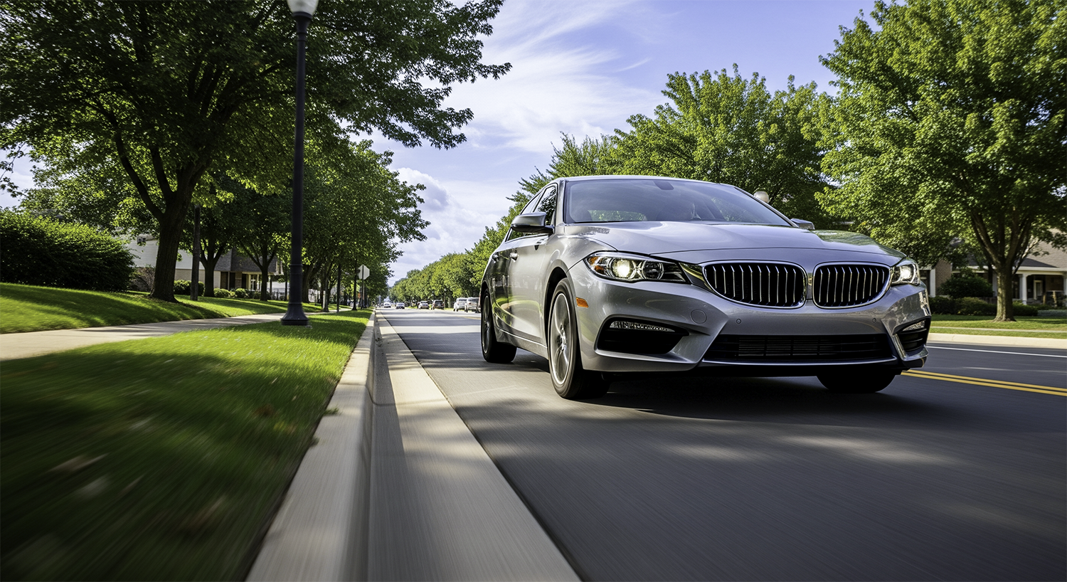 Silver sedan driving on a tree-lined street, illustrating mileage tracking apps vs manual logs for business miles