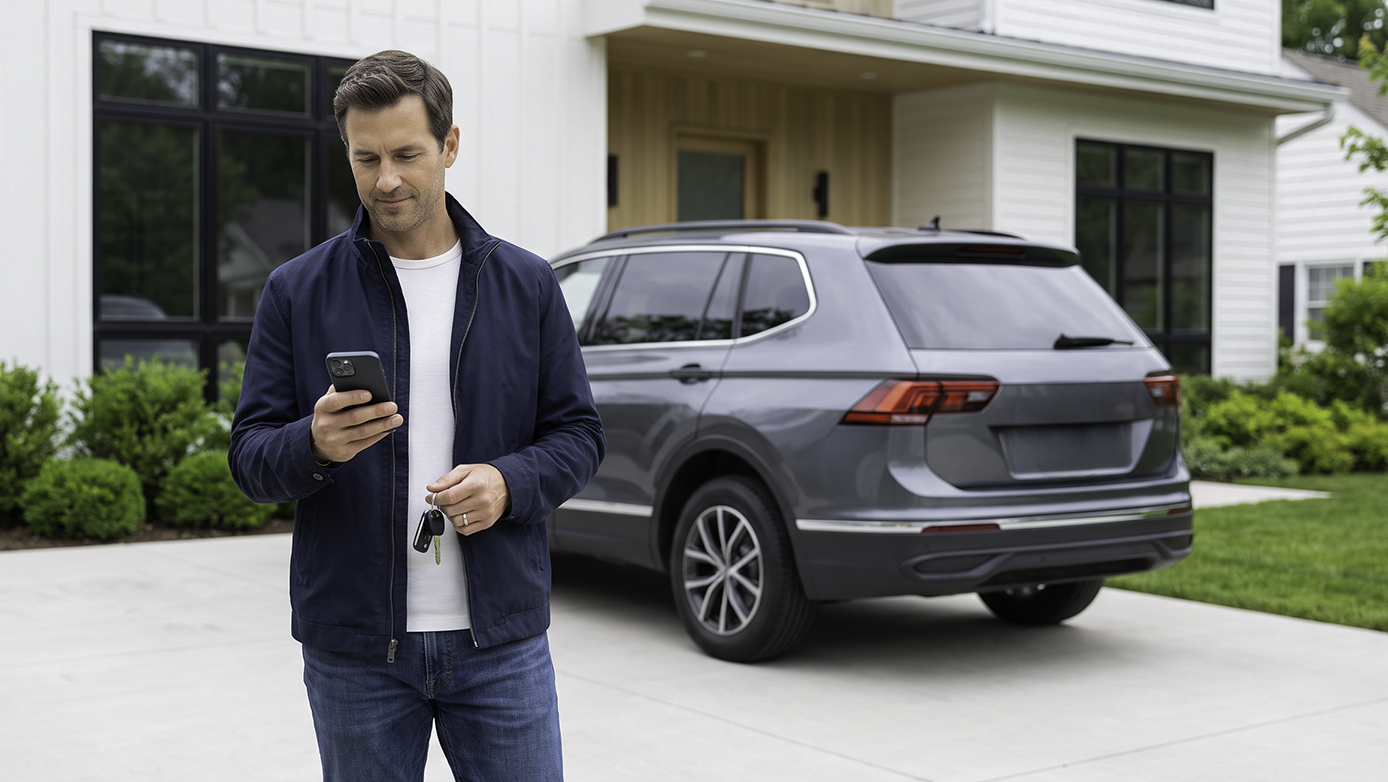Man checking his connected car app on a smartphone in the driveway beside his SUV