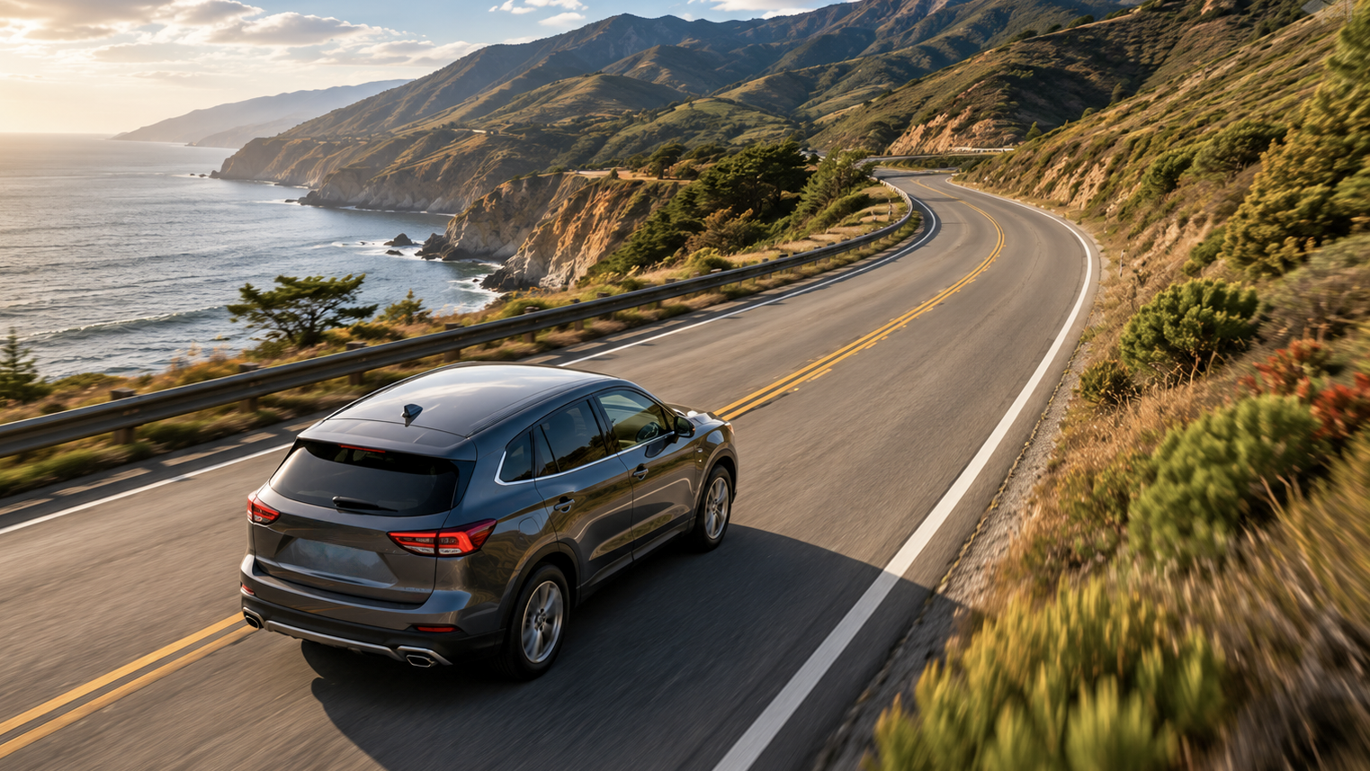 Dark gray SUV on a coastal highway at sunset, illustrating GPS tracker no subscription versus monthly plan coverage