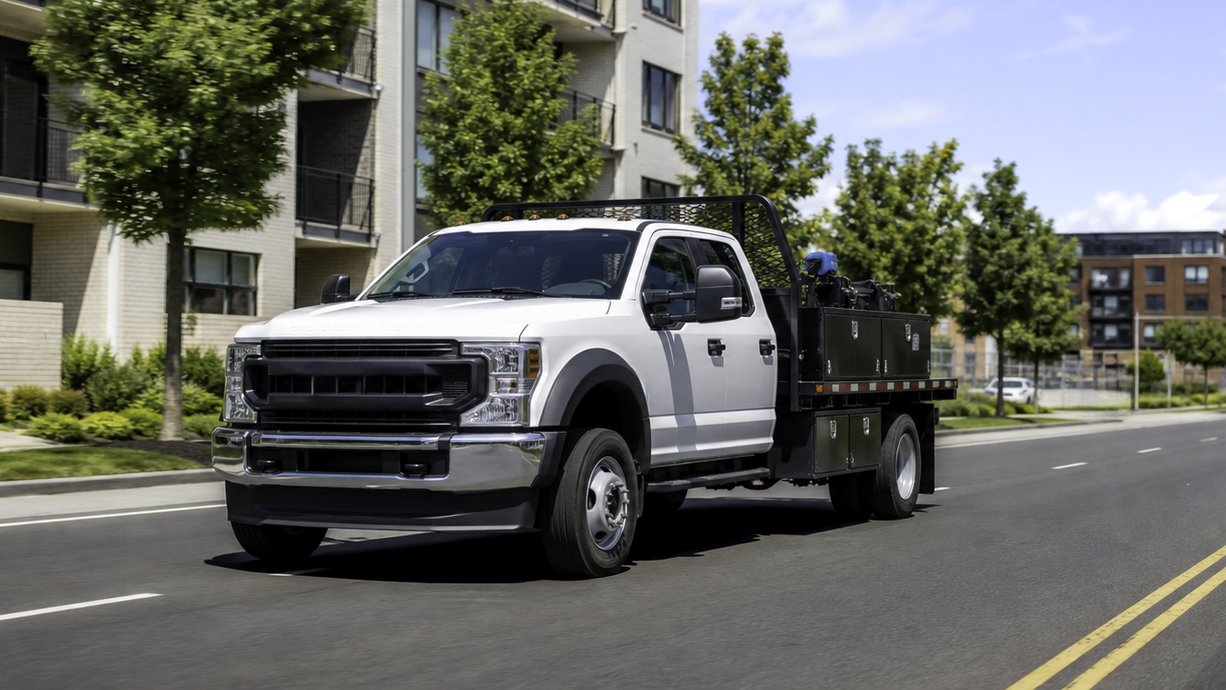 White medium-duty flatbed service truck on a city route, the kind of vehicle a truck GPS tracker monitors