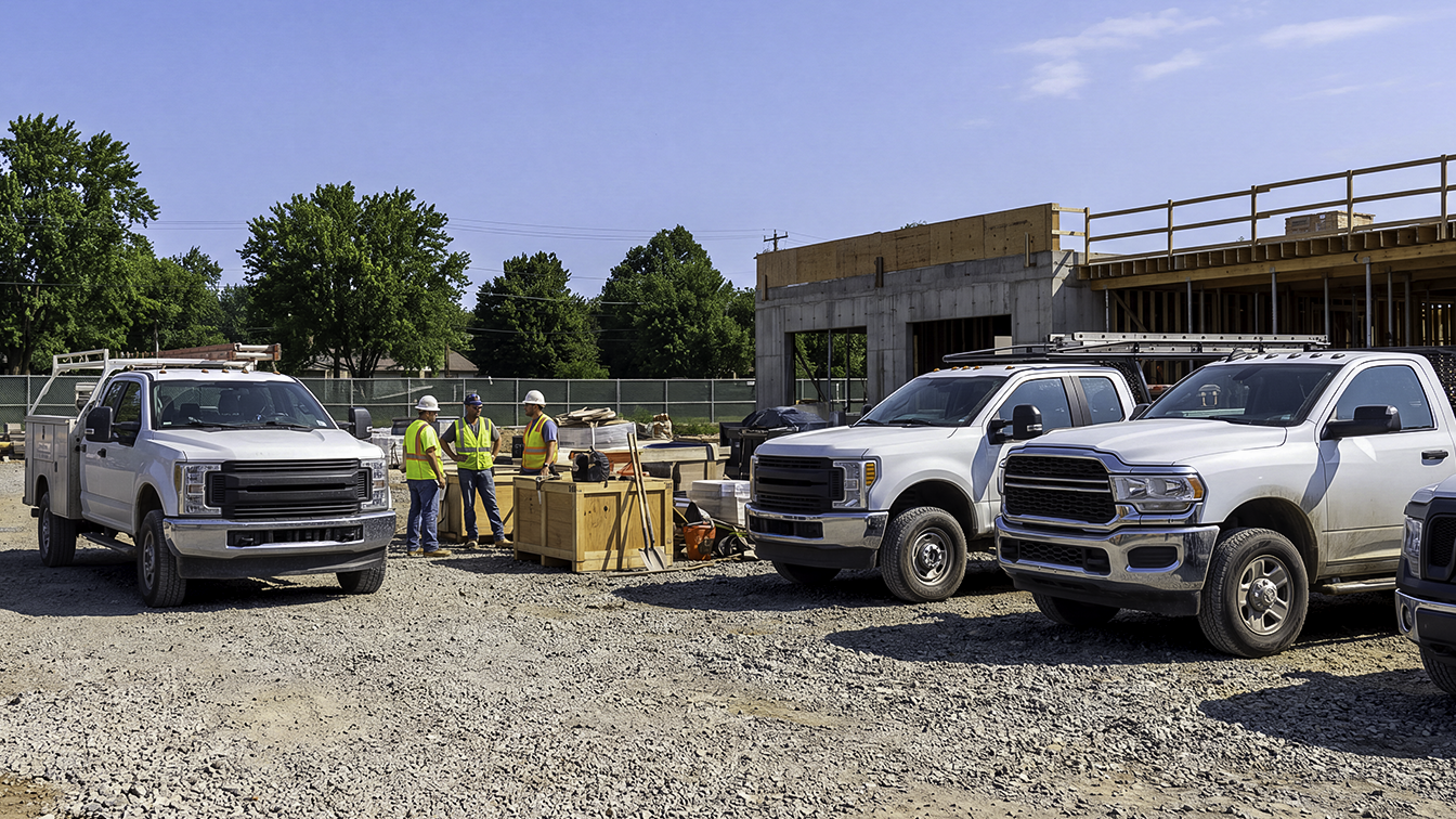 Construction fleet management in practice, with four white work pickups parked on gravel as crews meet at a framed job site.