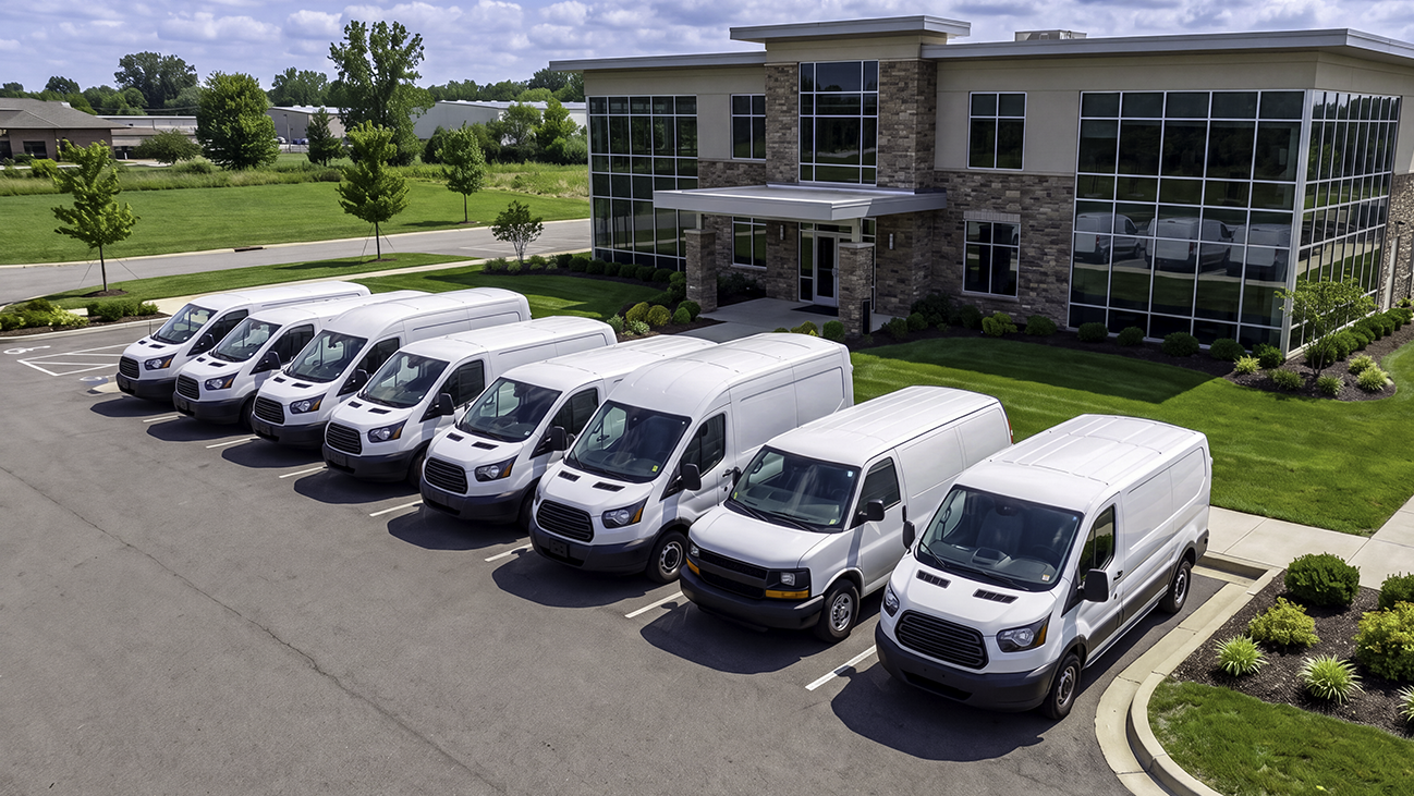 Eight white cargo vans parked outside a small business office, a typical fleet size for a fleet tracking cost decision.