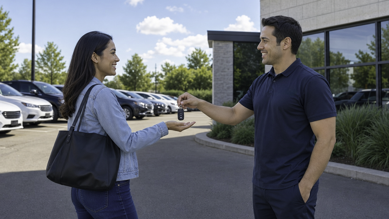 Turo host handing a car key fob to a guest in a parking lot, the trip handoff where turo mileage tracking begins