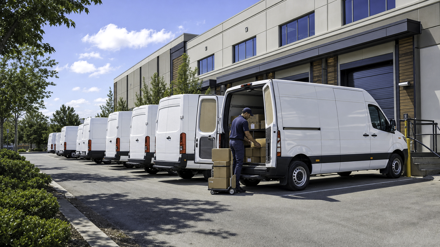 Driver loading boxes into a white cargo van beside a row of fleet vans, the work delivery fleet management software tracks