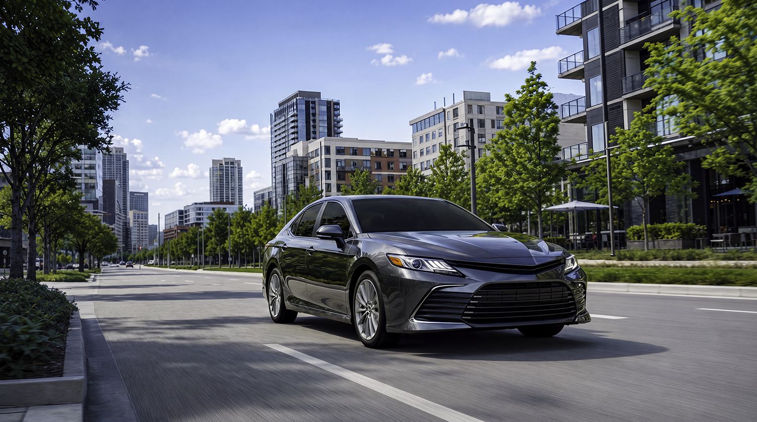 Dark gray sedan driving on a tree-lined city street for a guide to how much does a car tracker cost