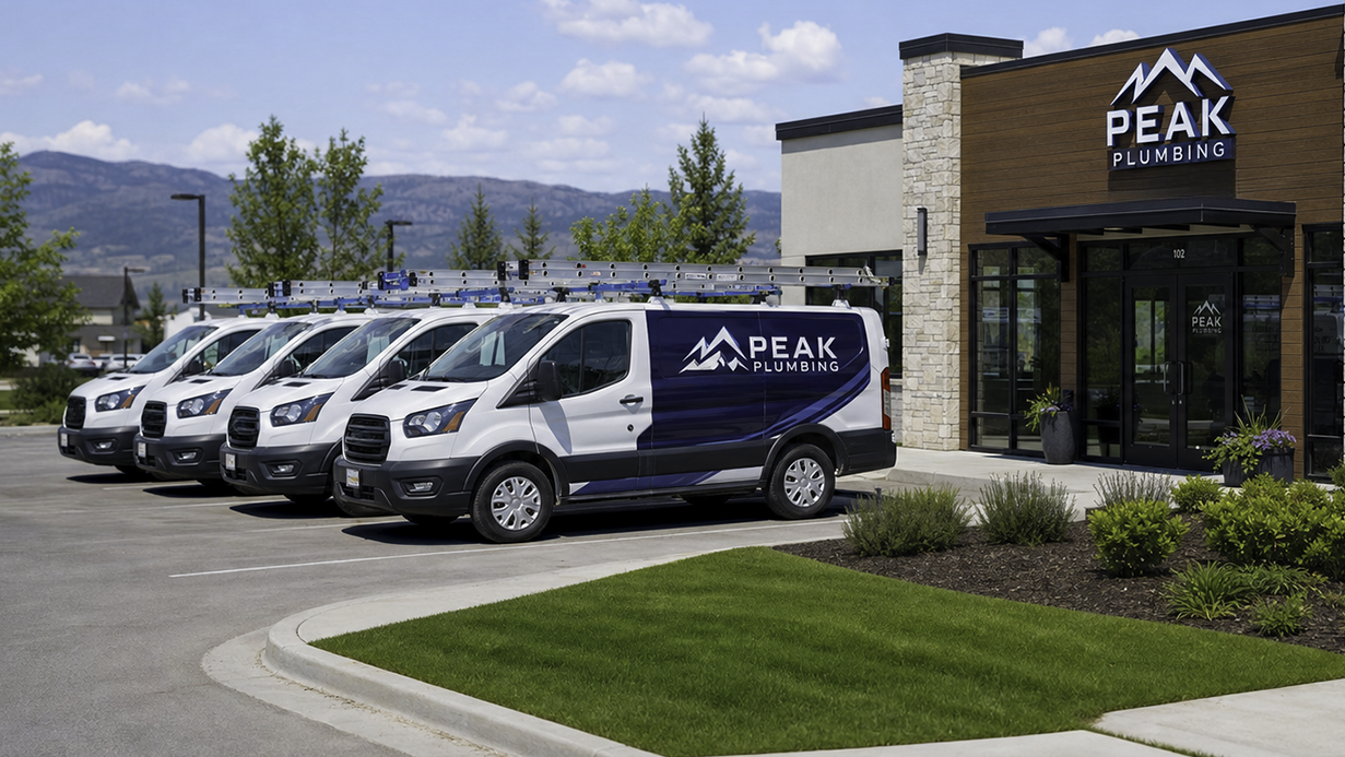 Four white service vans with ladder racks parked outside a plumbing shop, a typical setup for plumbing fleet tracking