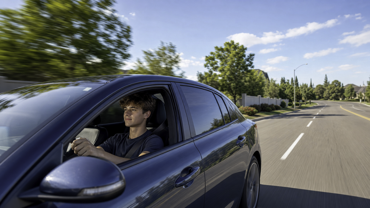 Teen boy driving a dark blue sedan on a sunny suburban road, for a guide to devices to prevent teen speeding