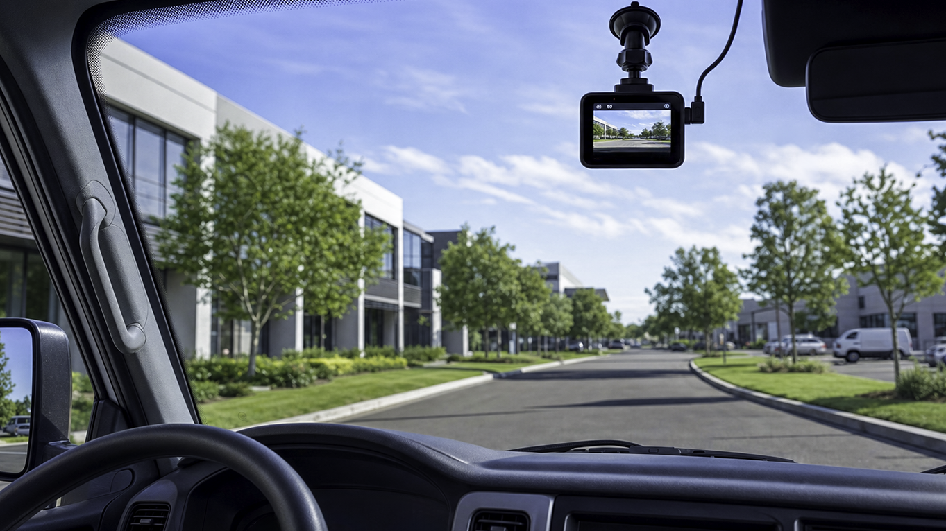 Dash cam for pickup trucks and service vans mounted on a work van windshield, viewing an office park road