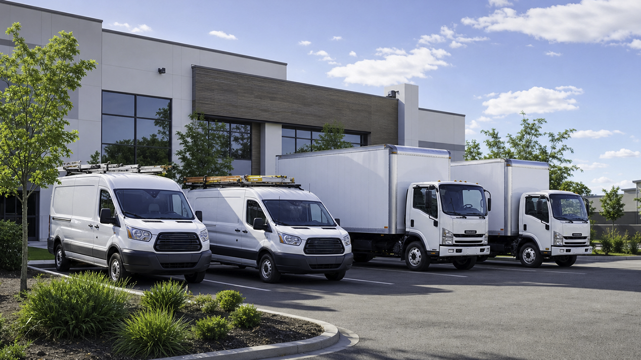 Mixed fleet management yard with two white cargo vans and two white box trucks parked outside a commercial building