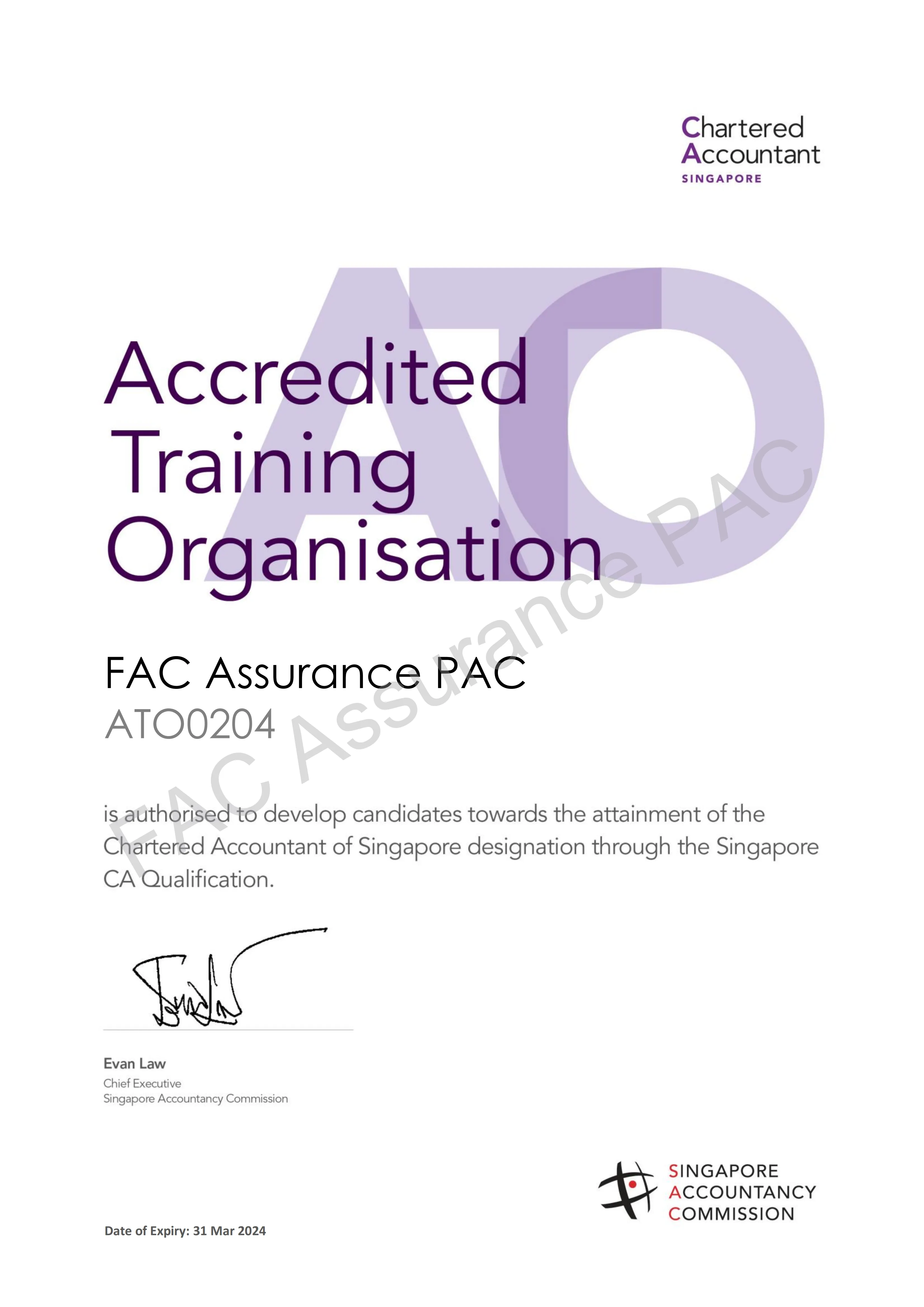 Picture of Accredited Training Organisation certificate awarded to FAC Assurance PAC by Chartered Accountant Singapore