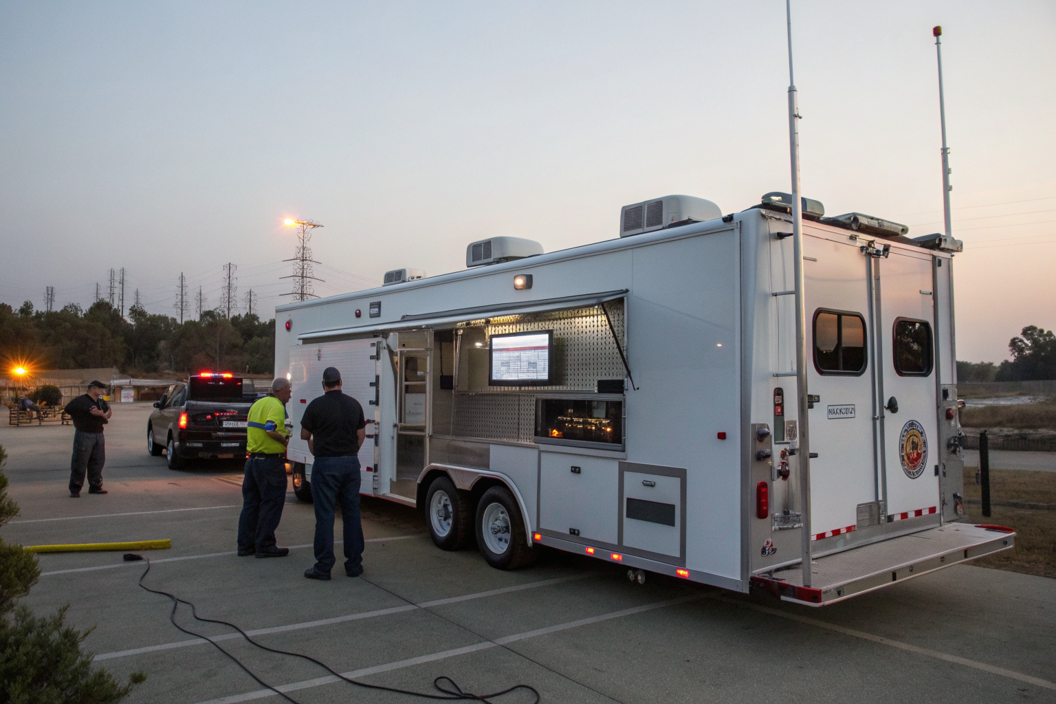 Civilian mobile incident command trailer with emergency response staff in high-visibility gear