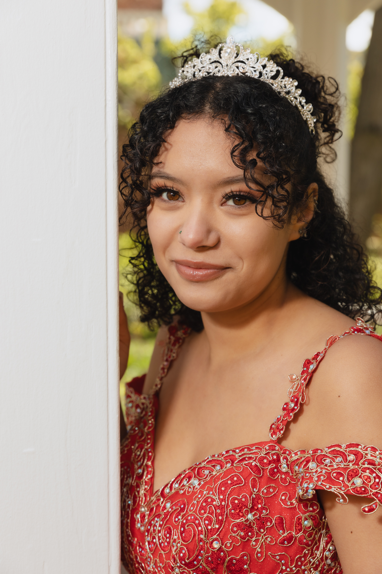 quinceañera portrait close up young woman in pink beaded dress wearing tiara studio photography Northern Virginia
