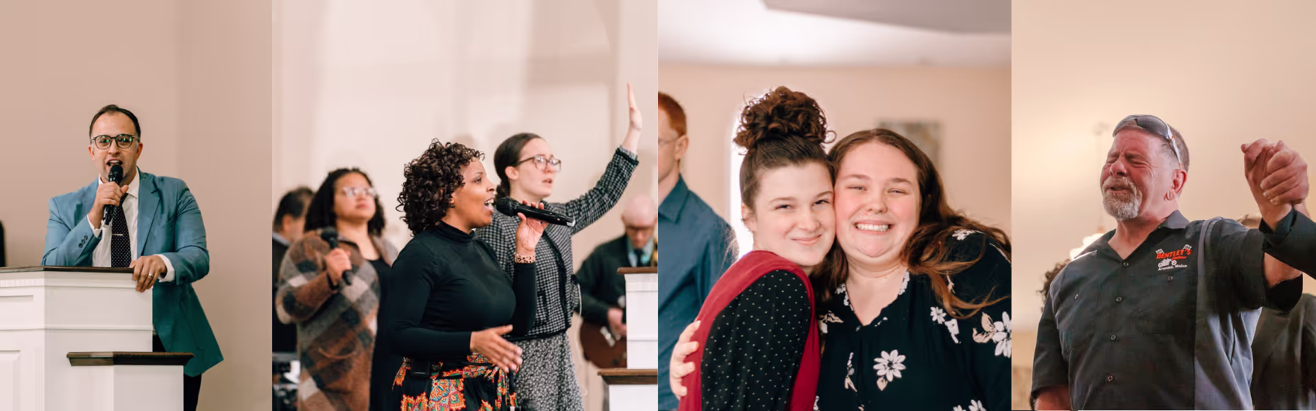 Crossroads Church members worshiping, preaching, and smiling together