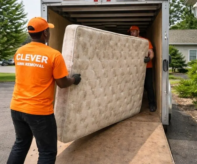 Clever Junk Removal team loading mattress for pickup and recycling in Bakersfield