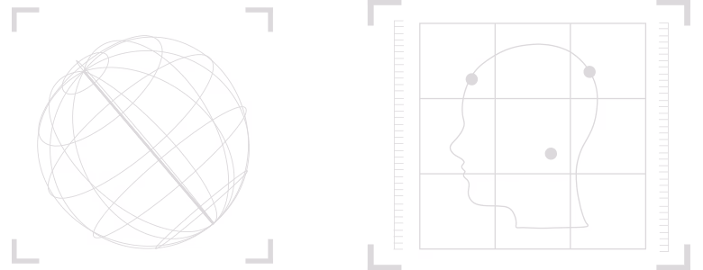 Line art of a globe with latitude and longitude lines on the left, and a human head profile with a grid over it on the right.