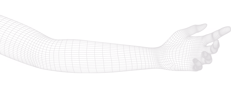 3D wireframe model of a human arm extending and pointing with the index finger.