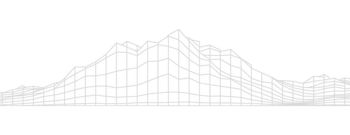 Wireframe 3D mountain landscape with multiple peaks and grid lines on a black background.
