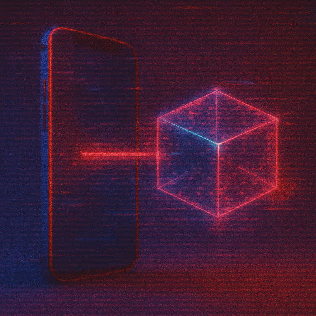 Neon-style digital illustration of a smartphone projecting a glowing wireframe cube connected by a red beam.